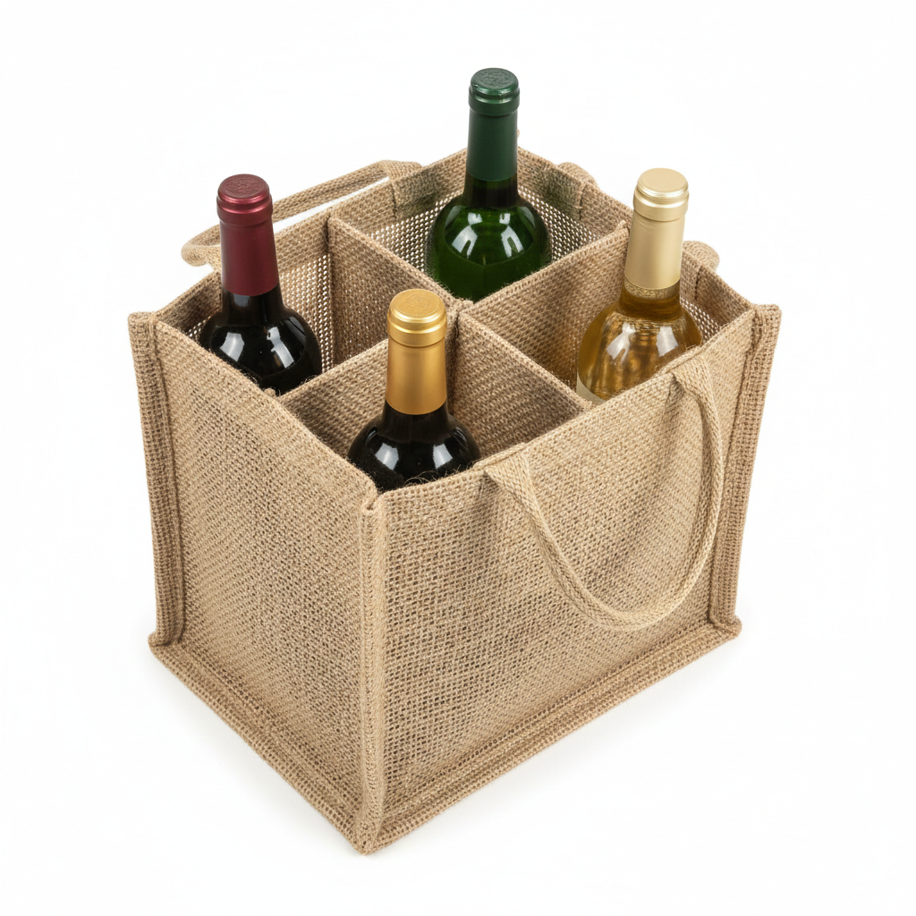 Four-compartment jute wine bag, top view