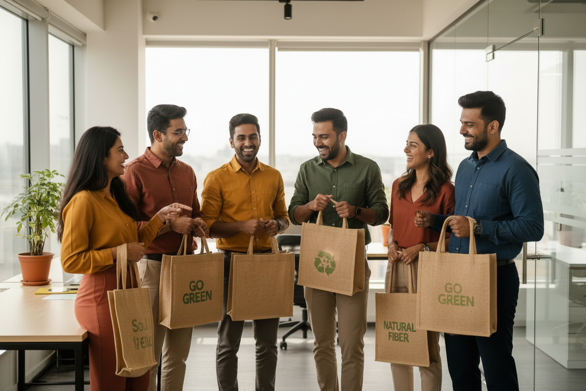 Employees carrying go-green jute bags