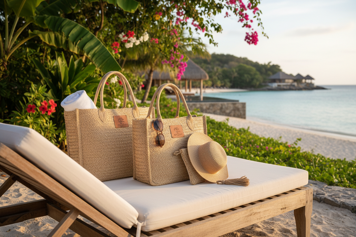 Jute welcome bags for resort guests in a scenic setting