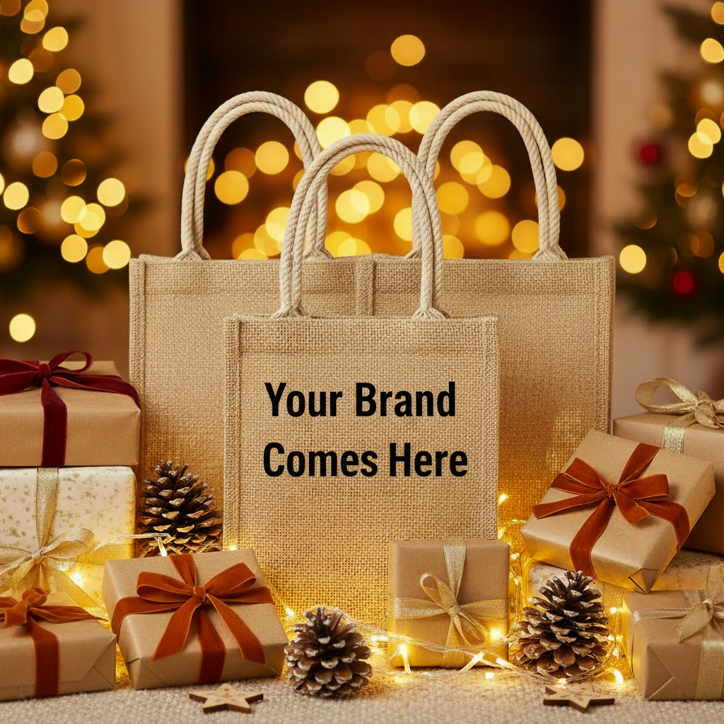 Jute bags with brand text and festive gifts