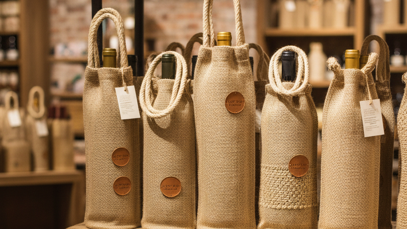 Retail display of jute wine bags