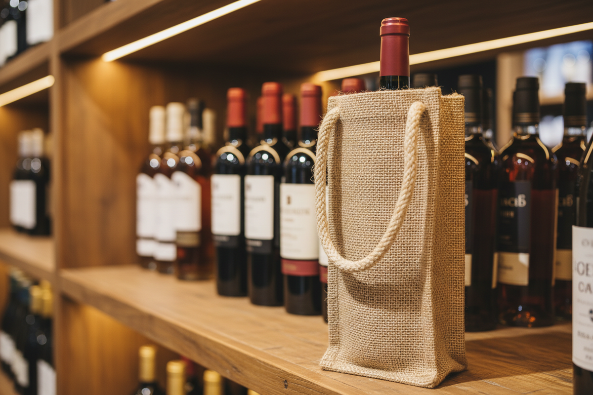 Single jute wine bag in a liquor store