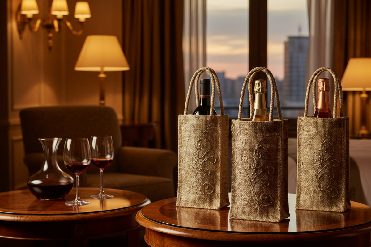Jute wine bags in a hotel setting